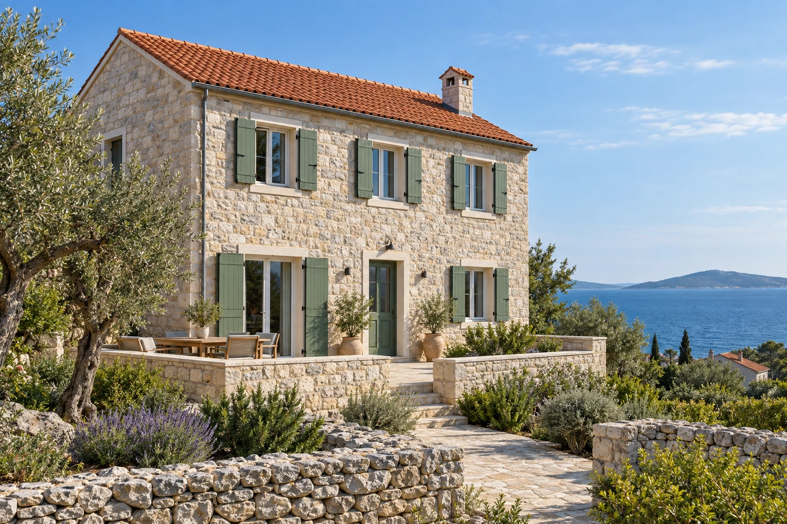 Stone house with green shutters, olive trees and the sea in the background