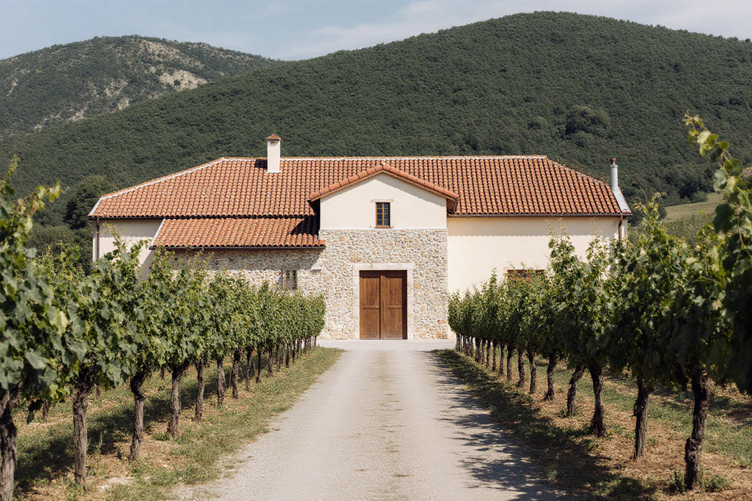 Farm building with a tiled roof beside cultivated vines